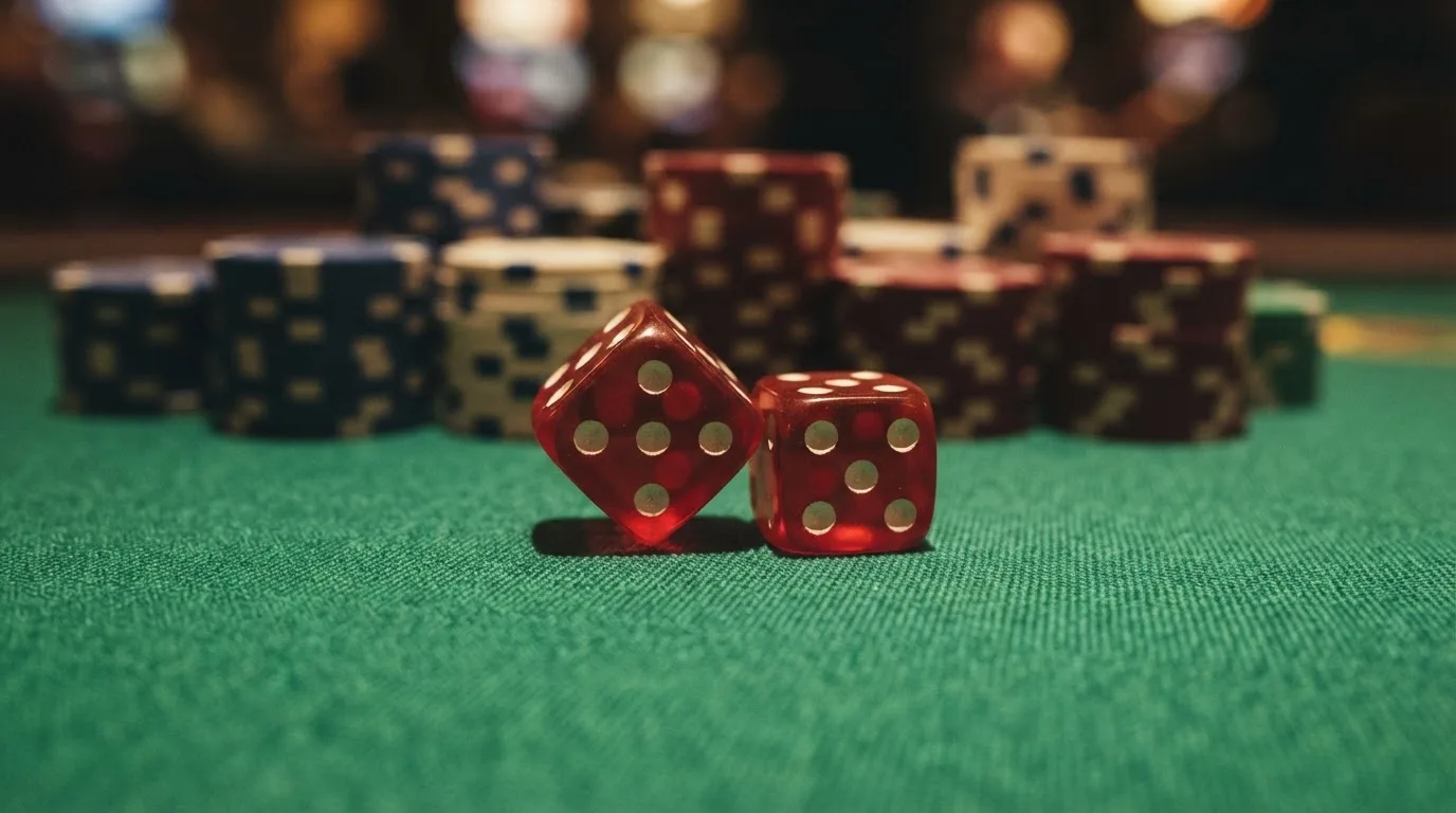 Röda tärningar vilar på grönt filt, bakom dem suddiga torn av spelmarker i kvällsdunklet — casinon med jackpot i sverige