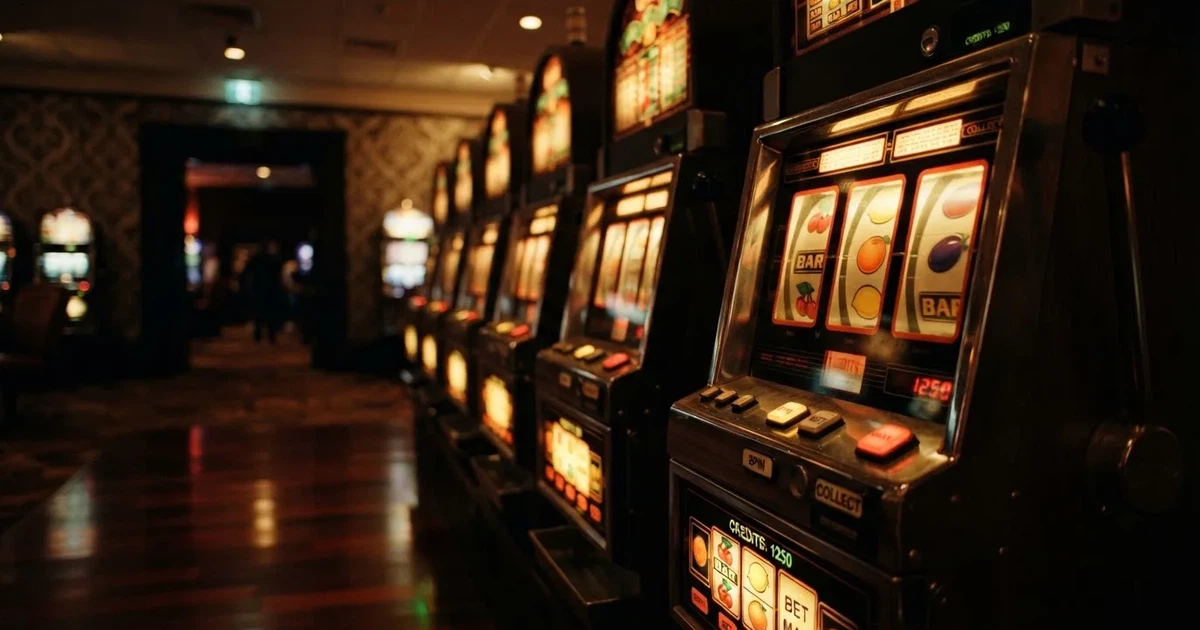En rad spelskåp i en dunkel hall, rullarna lyser i olika färger och golvet speglar dem — casinon med jackpot i sverige