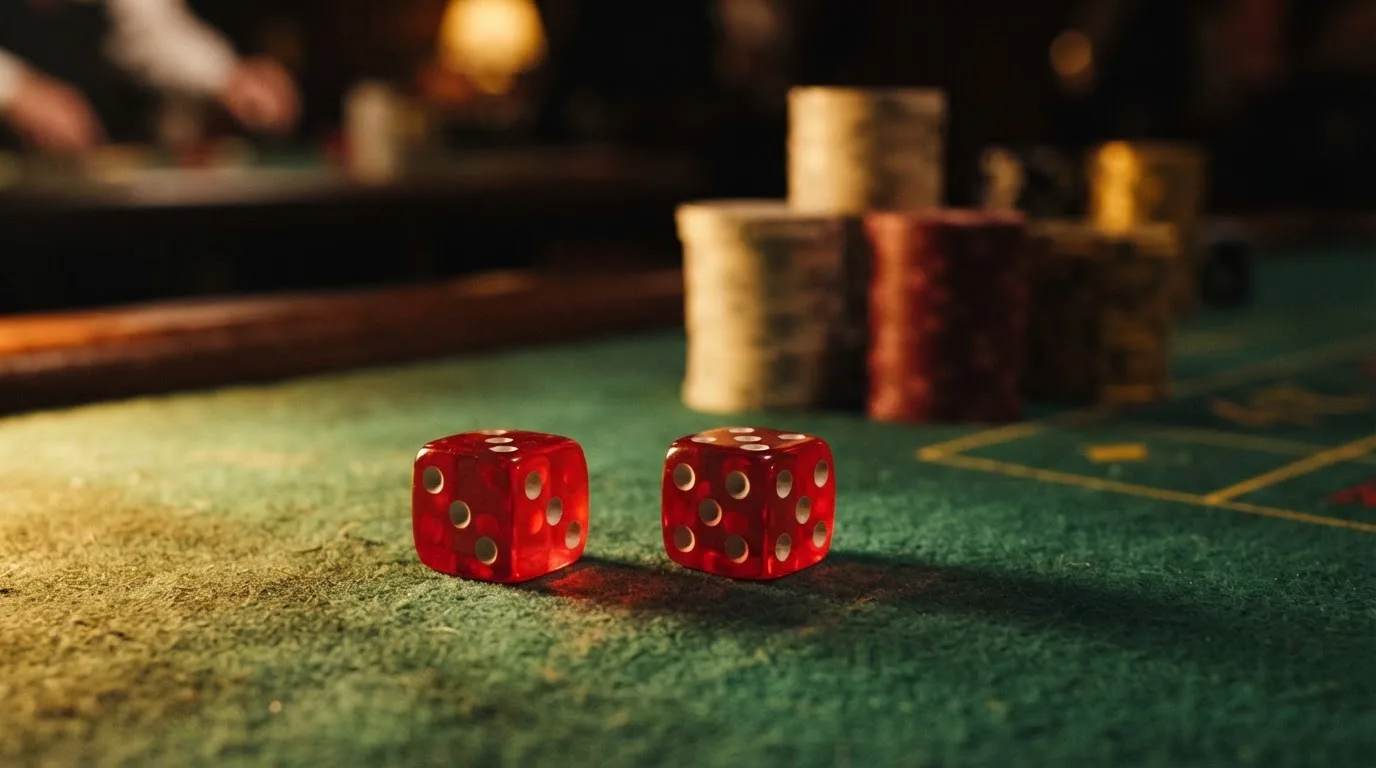 Röda tärningar vilar på grönt filt, bakom dem suddiga torn av spelmarker i kvällsdunklet — casinon med låg insättning