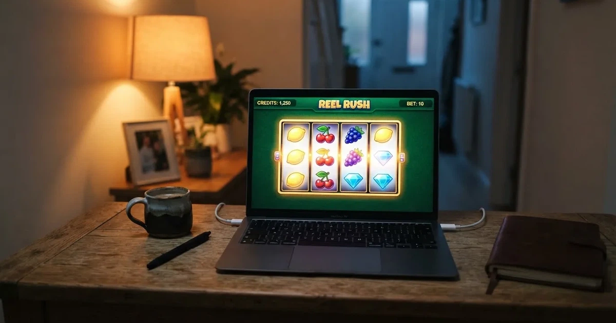 Kaffekopp och penna på ett smalt hallbord i skymning, en stängd bärbar dator vid sidan — casinon med låg insättning