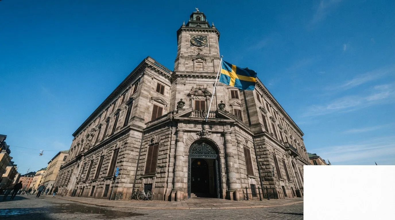 Ett gammalt stadshus i sten fotograferat underifrån mot en klarblå himmel, med den svenska flaggan som fladdrar ovanför entrén.