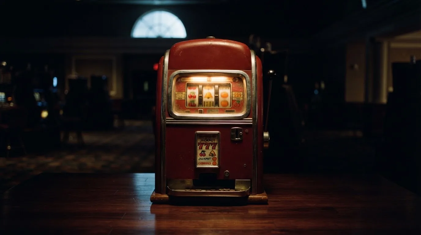 En gammal spelautomat lyser i den dunkla hallen och speglar sig i golvet — casinon med slots i sverige