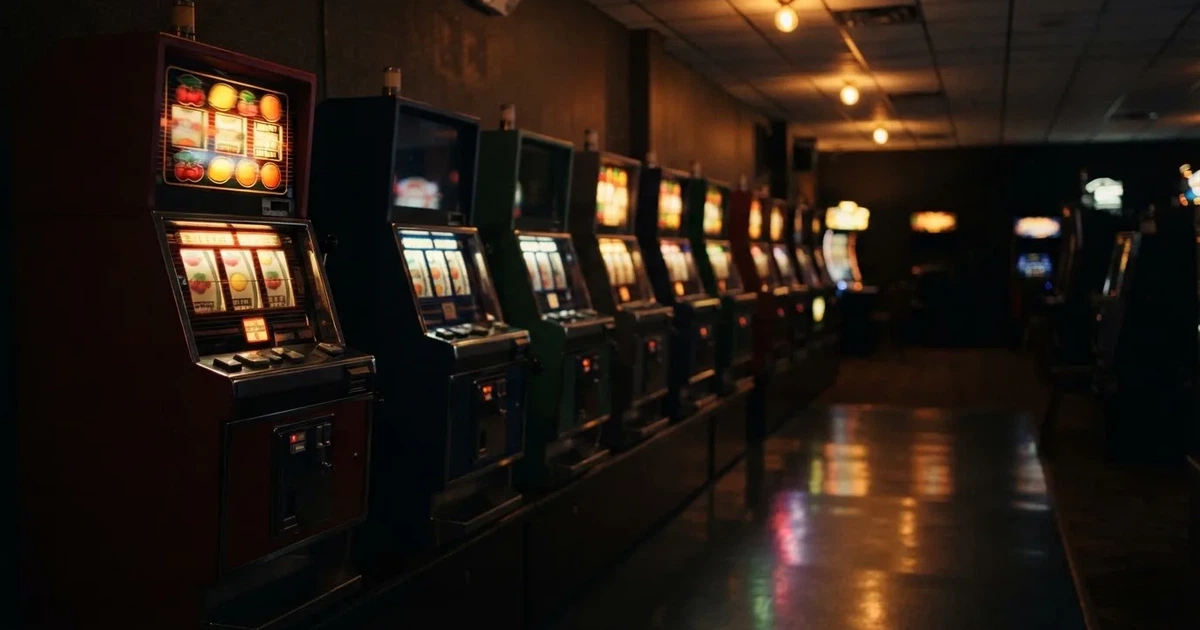 En rad spelskåp i en dunkel hall, rullarna lyser i olika färger och golvet speglar dem — casinon med slots i sverige