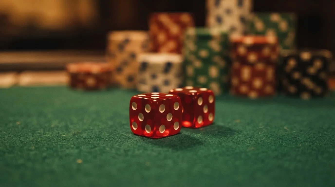 Röda tärningar vilar på grönt filt, bakom dem suddiga torn av spelmarker i kvällsdunklet — casinon med spelautomater i sverige
