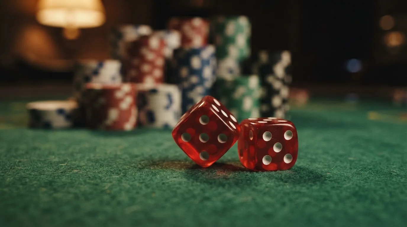 Röda tärningar vilar på grönt filt, bakom dem suddiga torn av spelmarker i kvällsdunklet — casinon med uttag i sverige