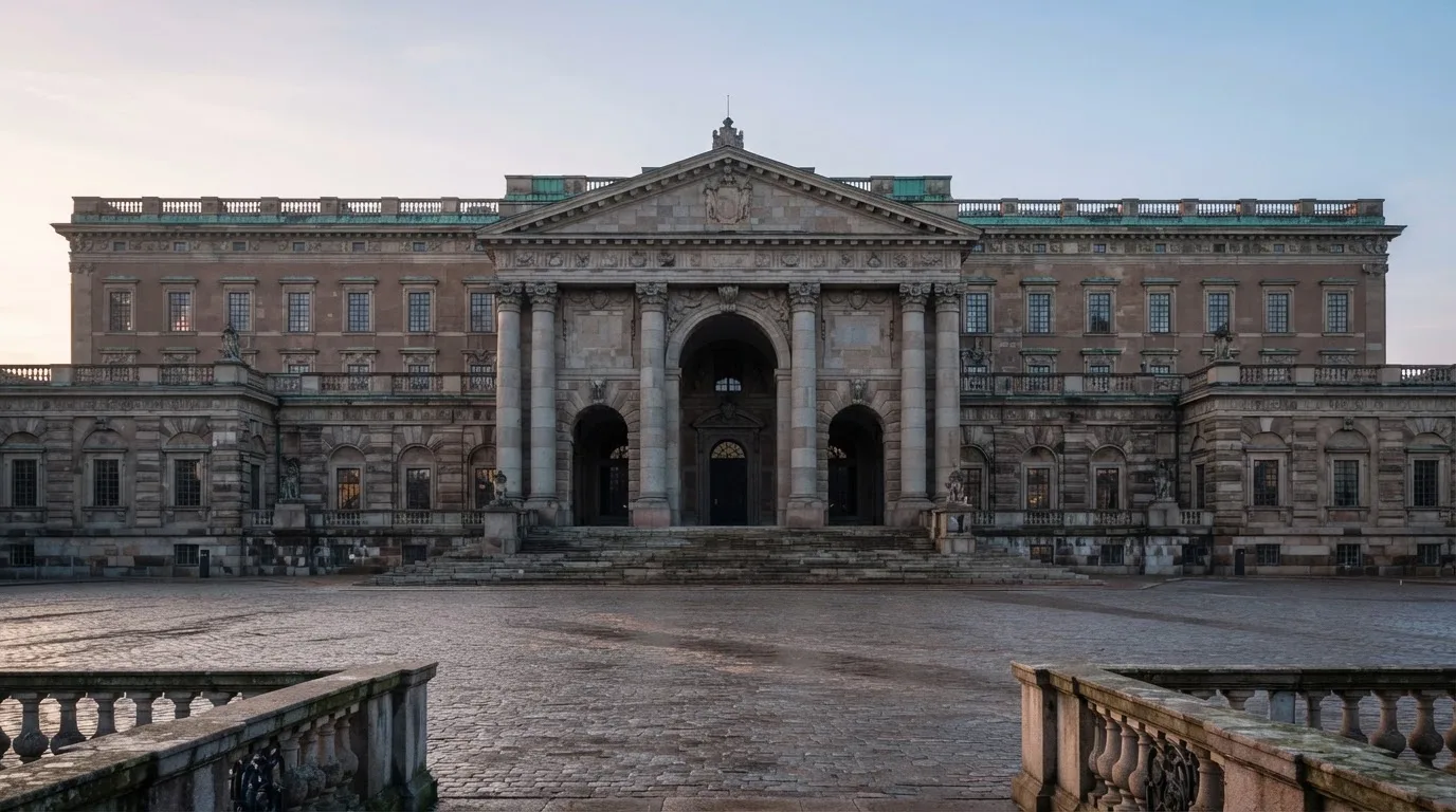 Stenfasad på en statlig byggnad i Stockholm vid gryning, höga pelare och ett tomt torg framför — casinon med uttag i sverige