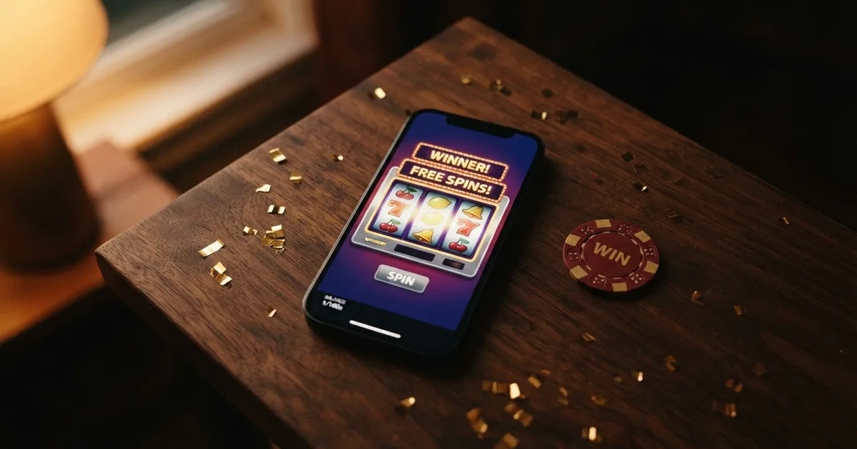 En hand håller upp en smartphone med skärmen vänd nedåt bredvid glittrande konfetti och guldmynt på ett mörkt bord.