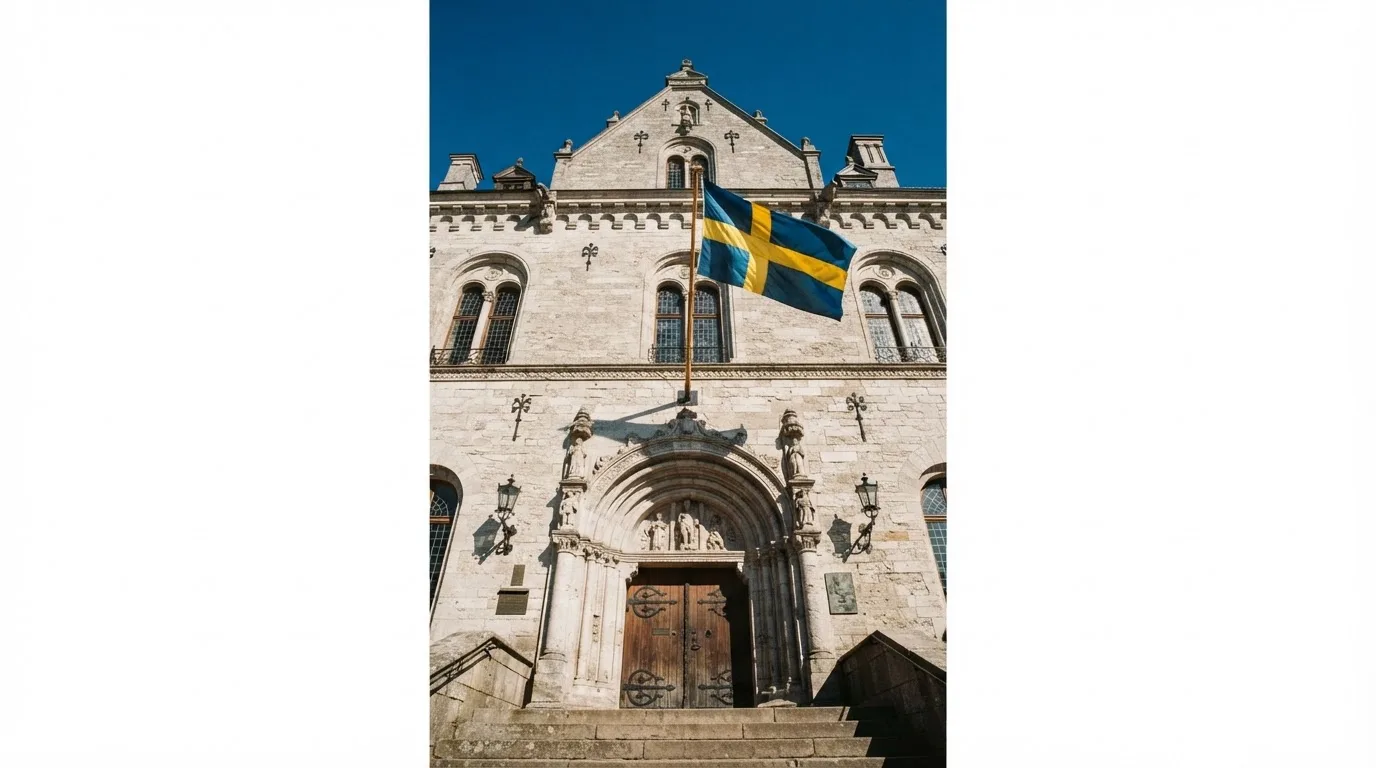 Ett gammalt stadshus i sten fotograferat underifrån mot en klarblå himmel, med den svenska flaggan som fladdrar ovanför entrén.