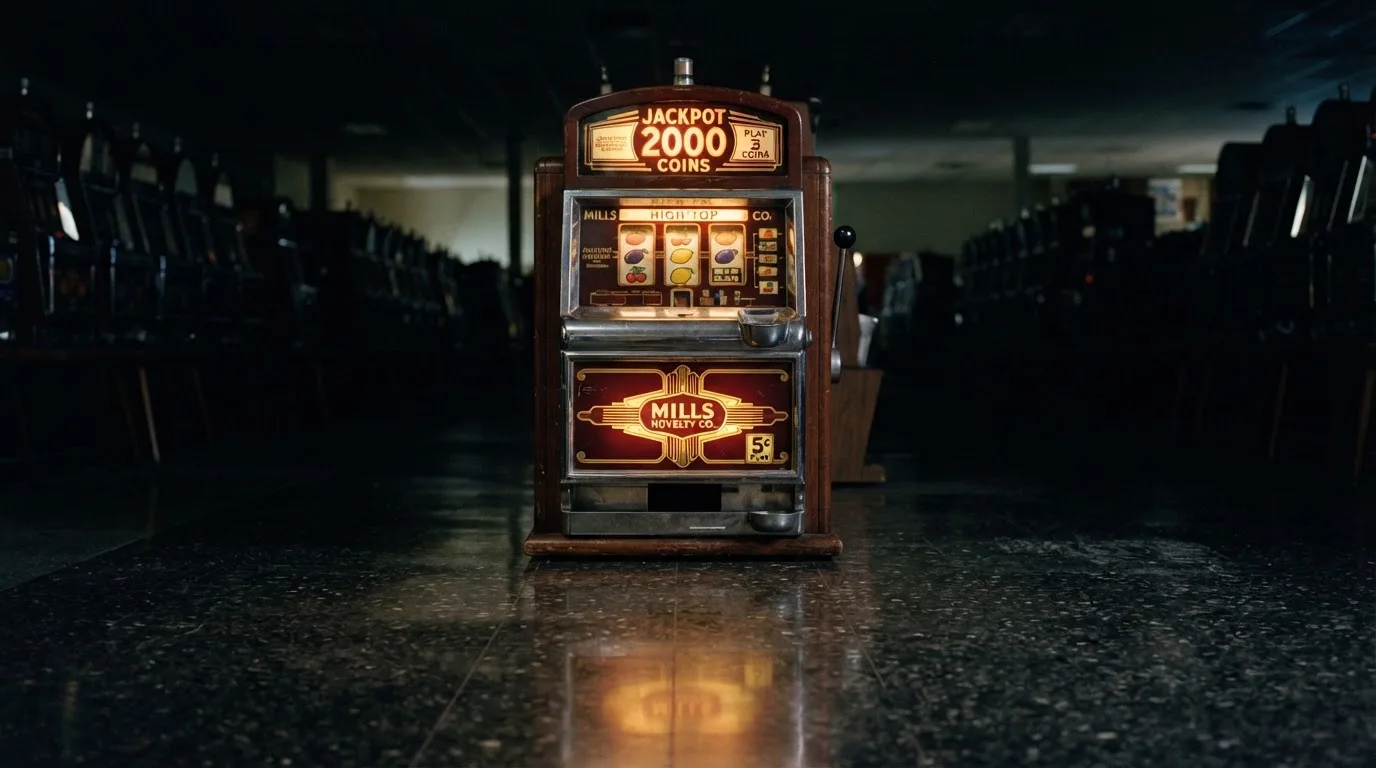 En gammal spelautomat lyser i den dunkla hallen och speglar sig i golvet — casinon med välkomsterbjudande