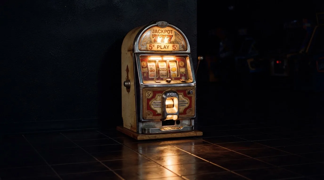 En gammal spelautomat lyser i den dunkla hallen och speglar sig i golvet — casinon utan bankid i sverige
