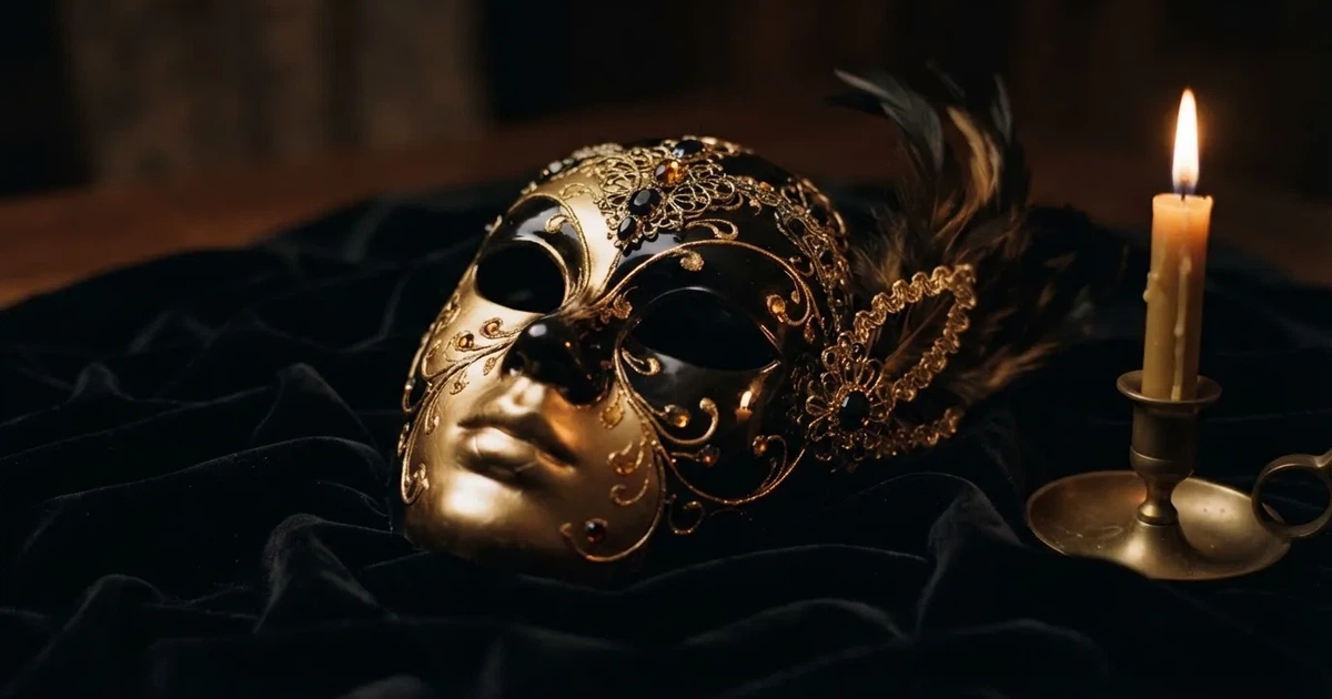 En venetiansk mask på svart sammet, ljuslågan speglas i dess blanka yta — casinon utan bankid i sverige