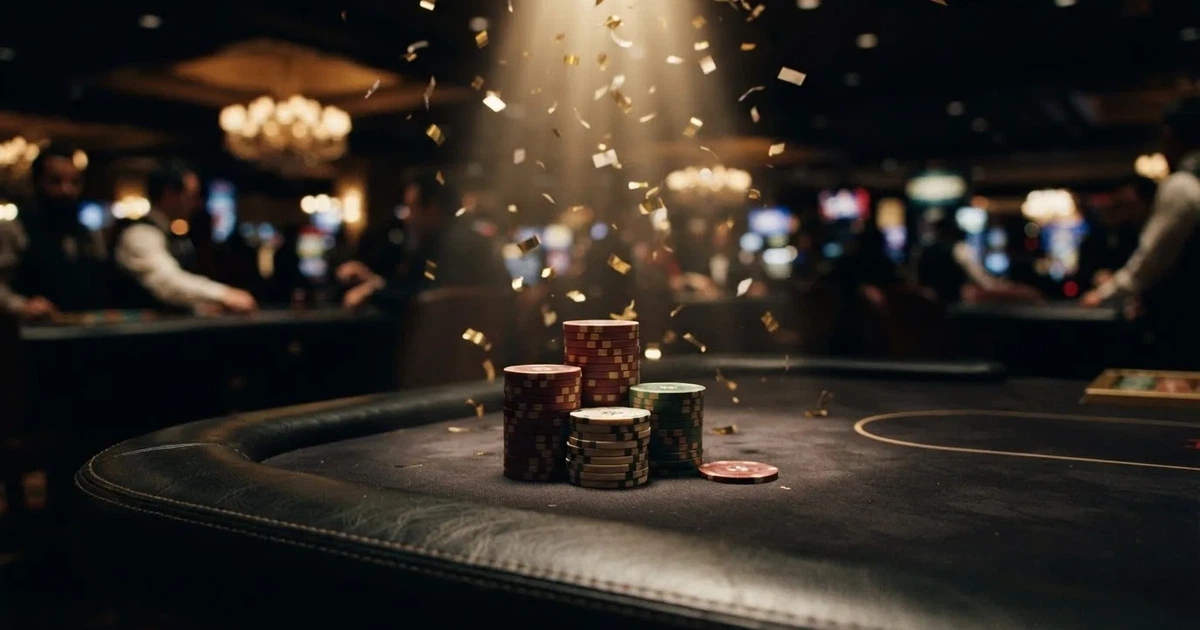 Guldkonfetti faller över spelmarker på ett svart bord, en ljuskägla träffar högens topp — casinon utan insättning i sverige