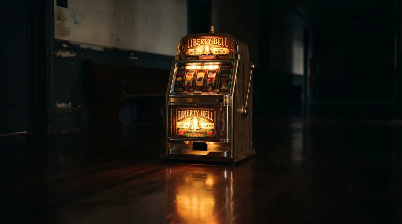 En gammal spelautomat lyser i den dunkla hallen och speglar sig i golvet — casinon utan omsättningskrav