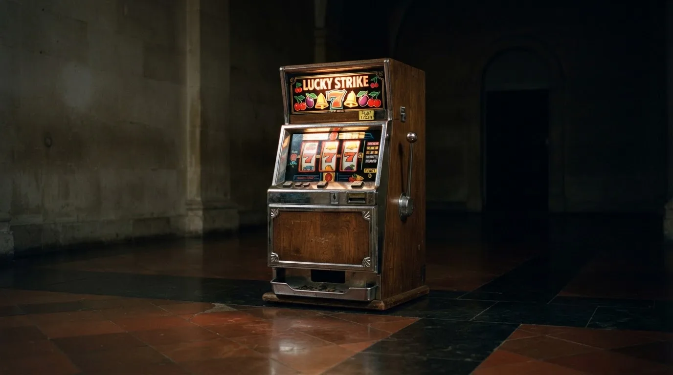 En gammal spelautomat lyser i den dunkla hallen och speglar sig i golvet — casinon utan spelgräns i sverige