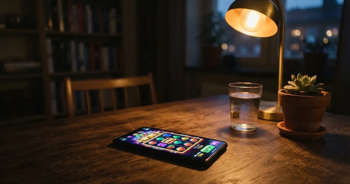 En skrivbordslampa lyser upp ett vattenglas och en kruka, rummet bakom mörknar sakta — casinon utan spelgräns i sverige