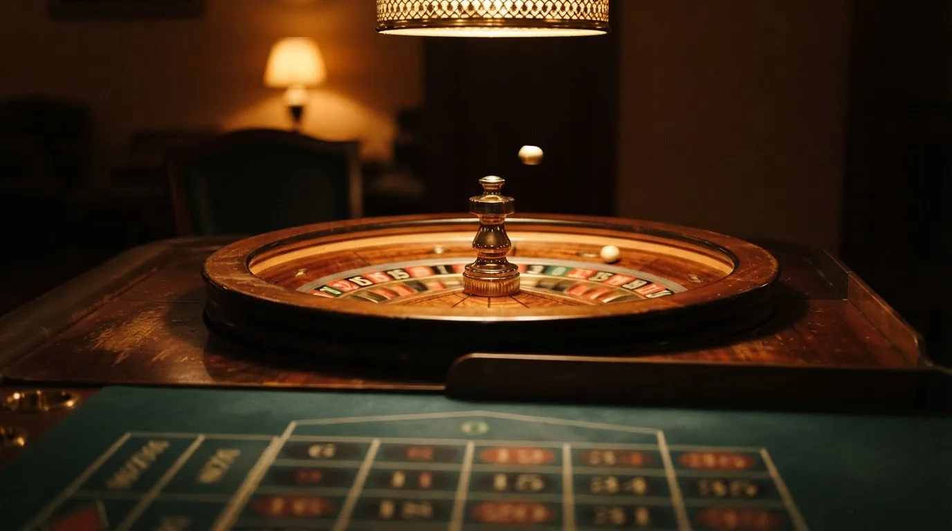 Ett roulettehjul snurrar på ett blankt träbord, den vita kulan glimmar i takljusets guld — casinon utomlands för svenskar