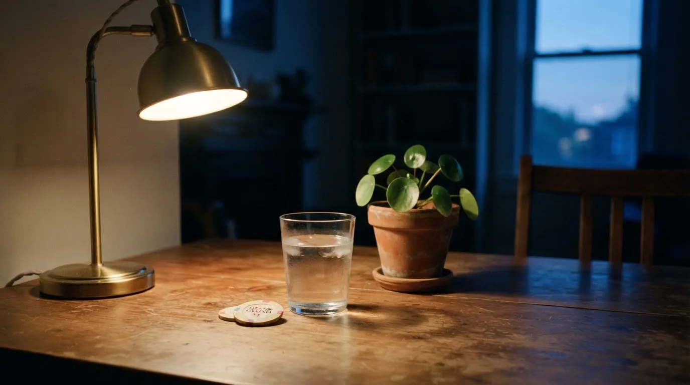 En skrivbordslampa lyser upp ett vattenglas och en kruka, rummet bakom mörknar sakta — casinon utomlands för svenskar
