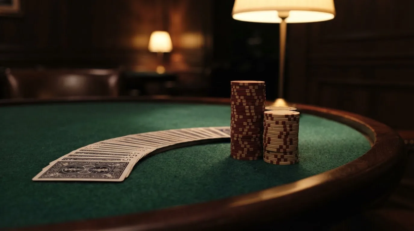 Kortlek och staplar av spelmarker på ett grönt filtbord i en dunkel salong, varmt lampsken — casinostugan för svenskar