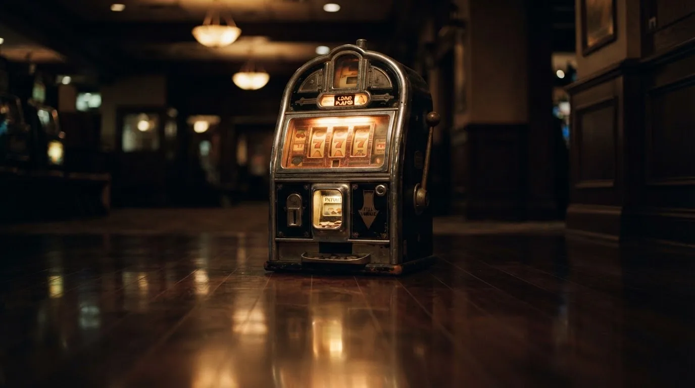En gammal spelautomat lyser i den dunkla hallen och speglar sig i golvet — hur fungerar casino på nätet