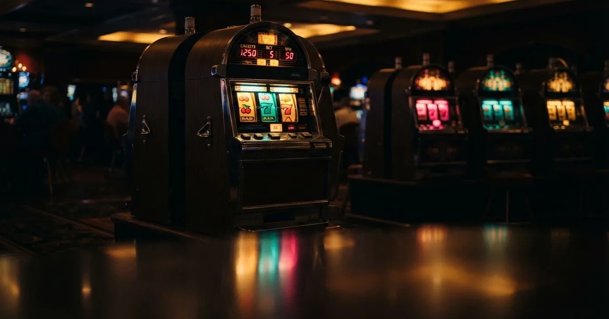 En rad spelskåp i en dunkel hall, rullarna lyser i olika färger och golvet speglar dem — hur fungerar casino på nätet