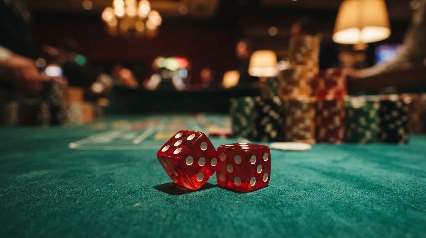 Röda tärningar vilar på grönt filt, bakom dem suddiga torn av spelmarker i kvällsdunklet — hur man vinner på casino