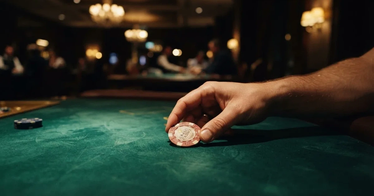En hand skjuter en spelmark över filten, ljuset träffar fingrarna och markernas kanter glänser — hur man vinner på casino
