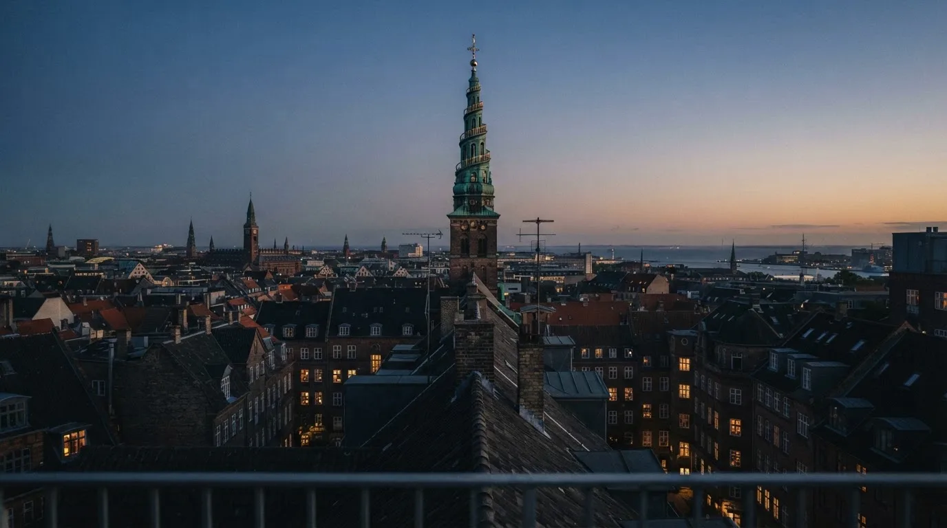 Stockholms hustak och ett kyrktorn i svagt kvällsljus, sedda från en hög utsiktsplats — casinon utan omsättningskrav