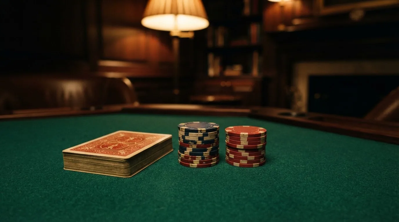 Kortlek och staplar av spelmarker på ett grönt filtbord i en dunkel salong, varmt lampsken — jämförelse av casinon i sverige