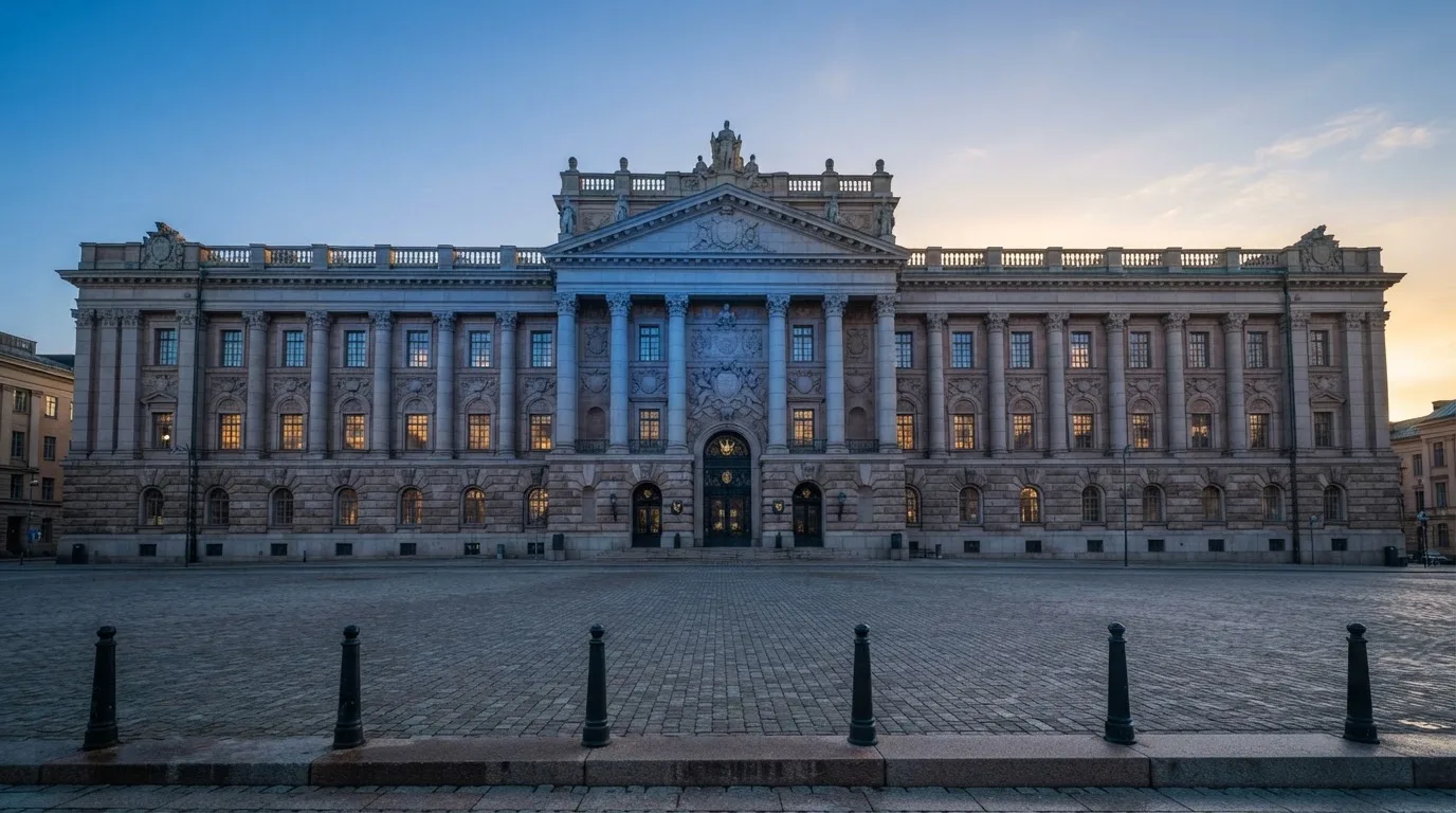 Stenfasad på en statlig byggnad i Stockholm vid gryning, höga pelare och ett tomt torg framför — jämförelse av casinon i sverige