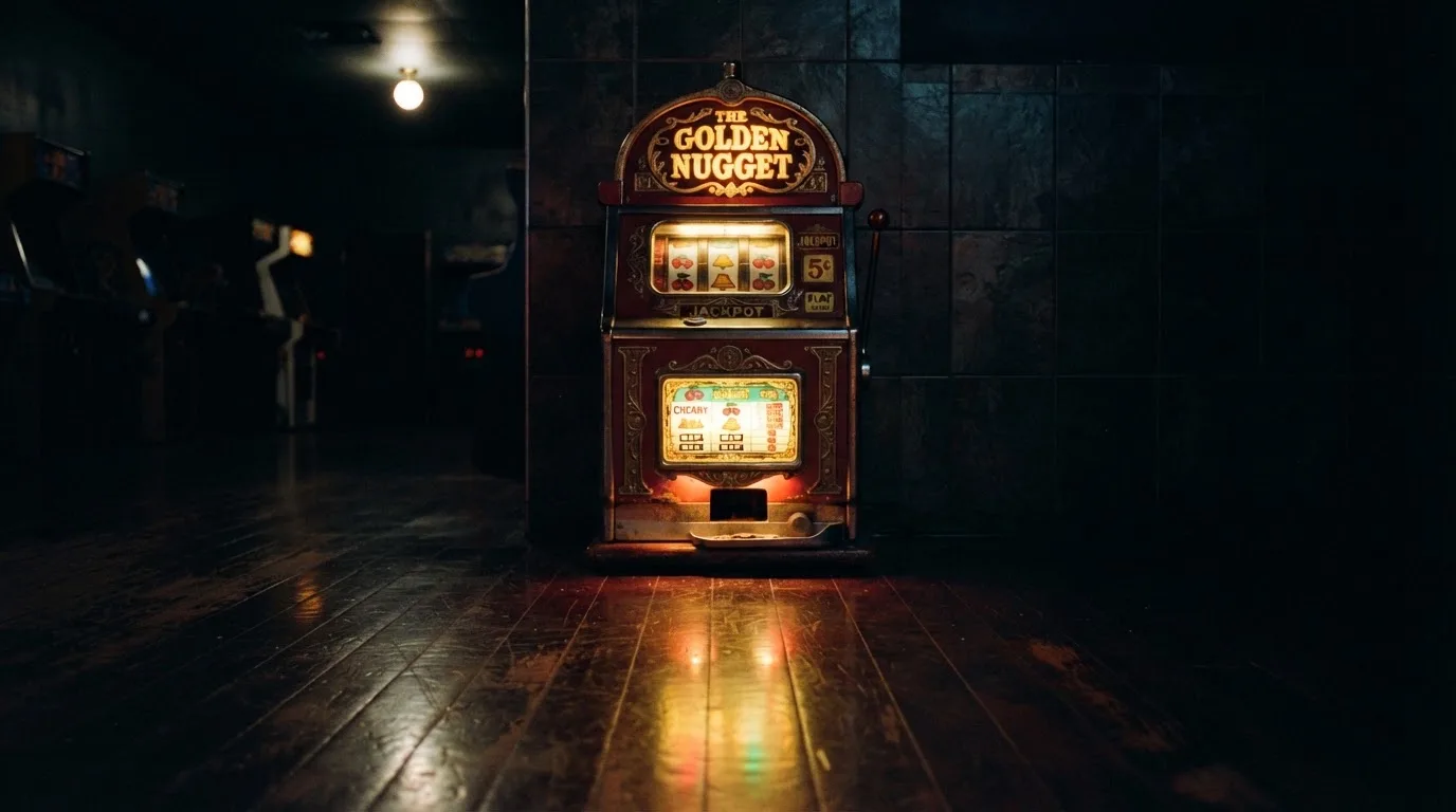 En gammal spelautomat lyser i den dunkla hallen och speglar sig i golvet — kampanjer på casinon i sverige