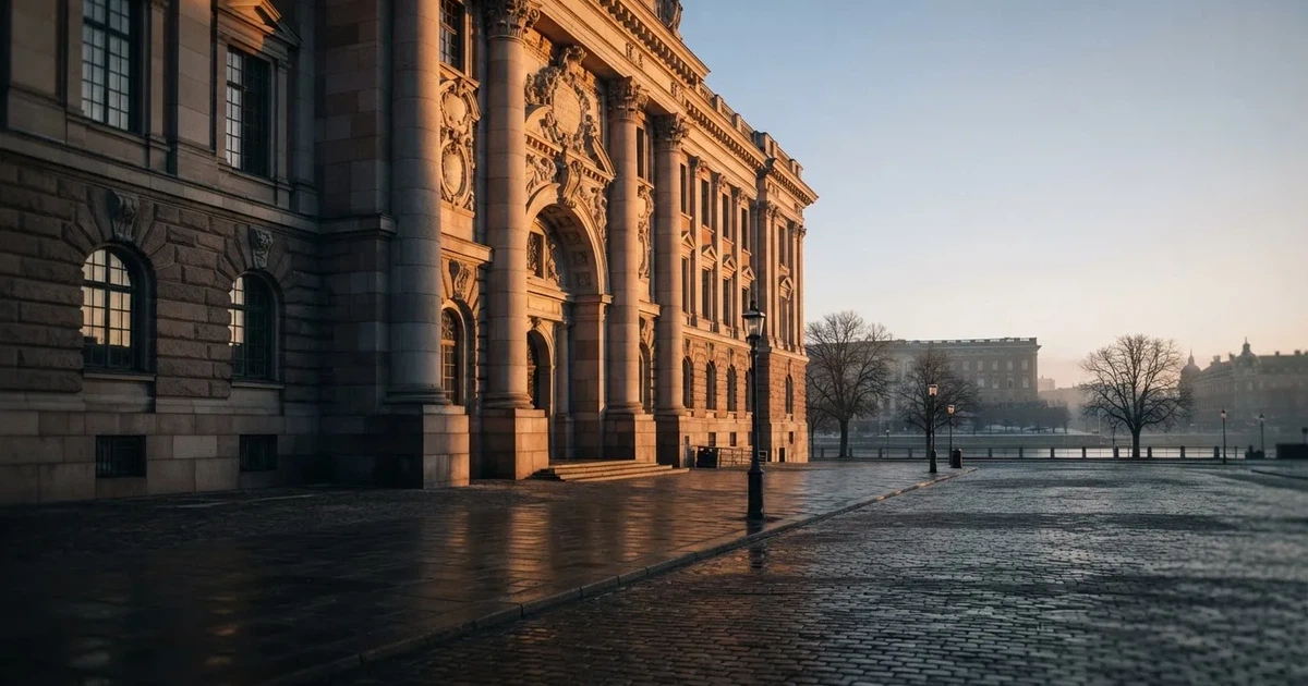 Stenfasad på en statlig byggnad i Stockholm vid gryning, höga pelare och ett tomt torg framför — kasinon utan licens i sverige