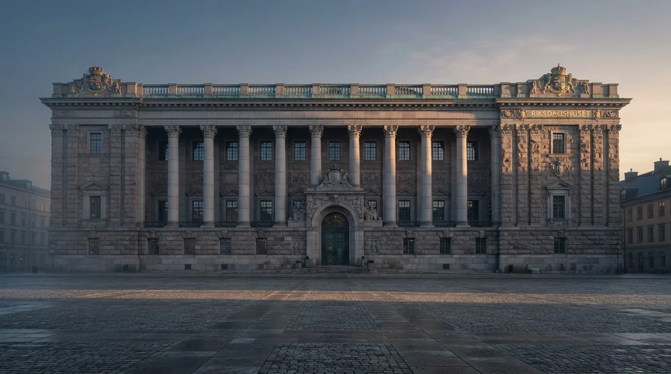 Stenfasad på en statlig byggnad i Stockholm vid gryning, höga pelare och ett tomt torg framför — kasinospel i sverige