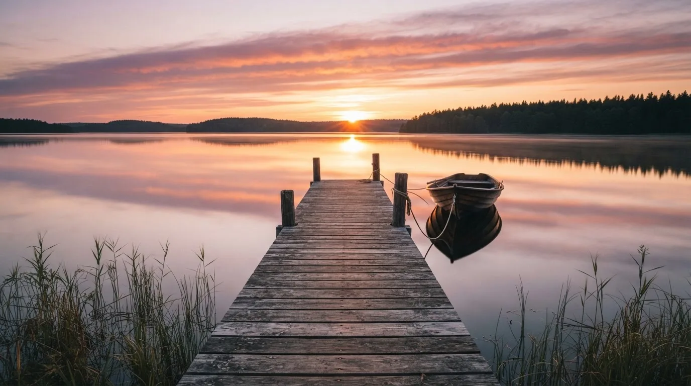 En brygga vid en stilla sjö i solnedgång, roddbåten förtöjd och molnen speglas i vattnet — kasinospel i sverige
