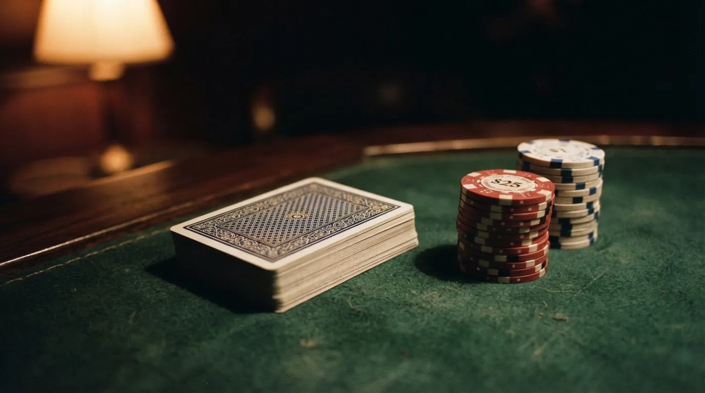 Kortlek och staplar av spelmarker på ett grönt filtbord i en dunkel salong, varmt lampsken — kortspel på ett kasino