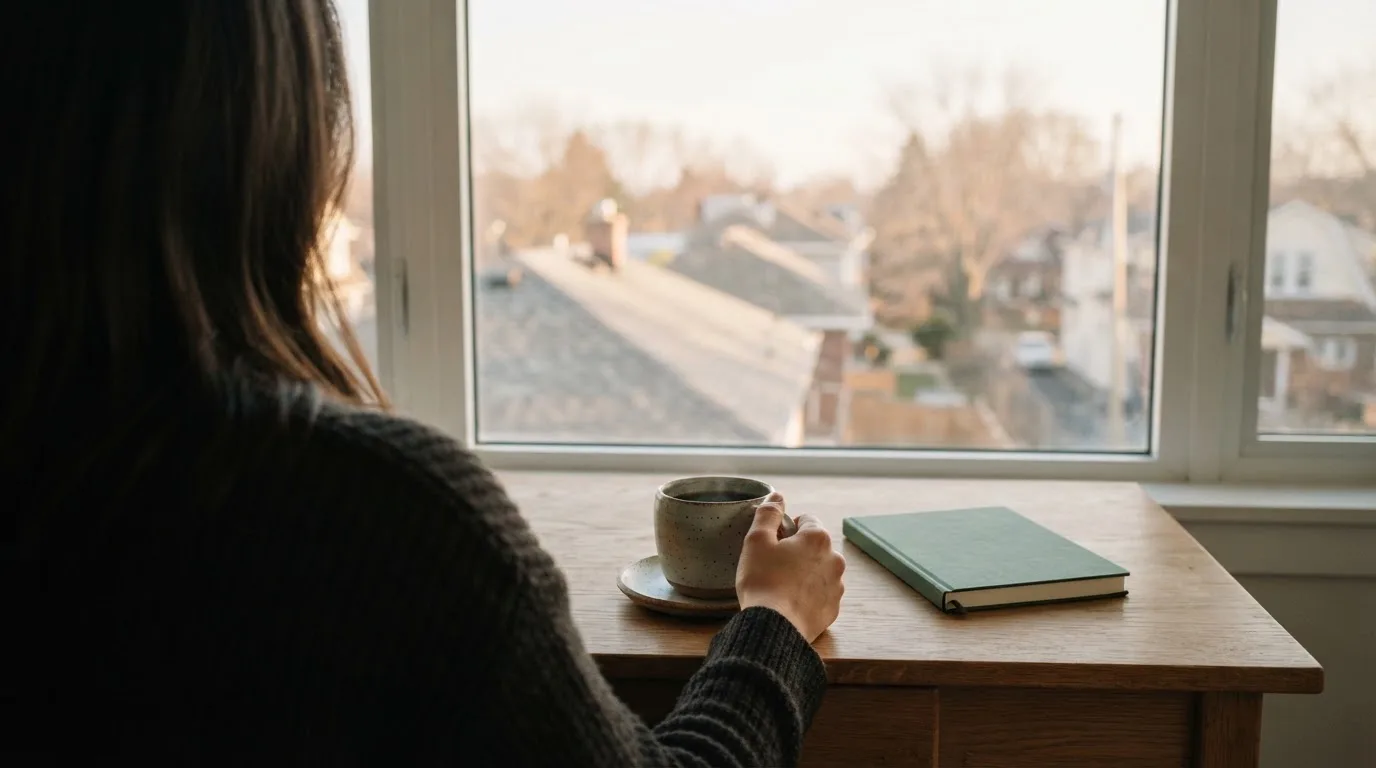 En person sitter vid ett skrivbord hemma med en kopp kaffe och tittar ut genom fönstret i mjukt morgonljus.