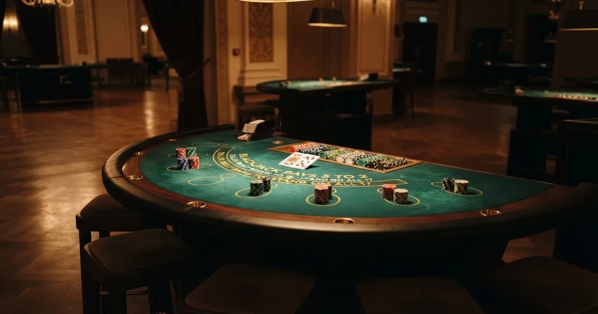 Ett halvmåneformat kortbord i en tyst sal, spelmarker framför varje plats och mjukt takljus — live blackjack i sverige