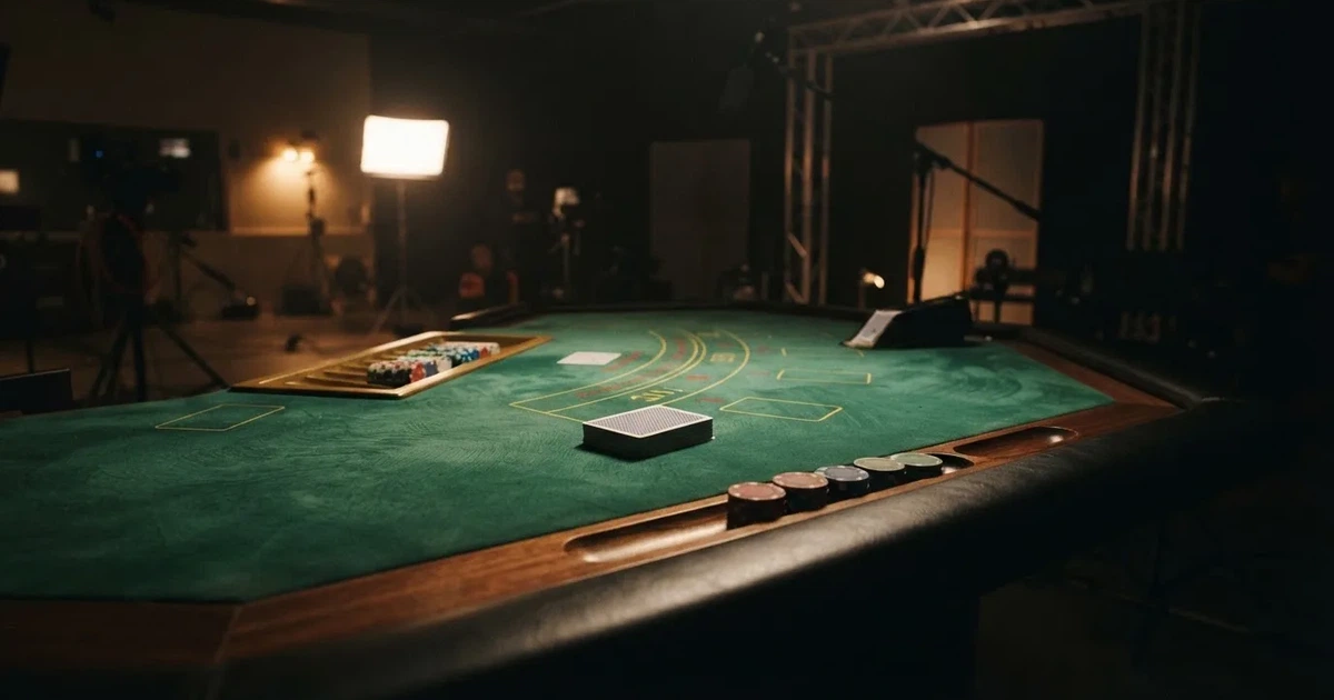 En studiomiljö med ett grönt spelbord, kortlekar och marker uppradade, fotograferad i halvskugga utan synliga personer i förgrunden.