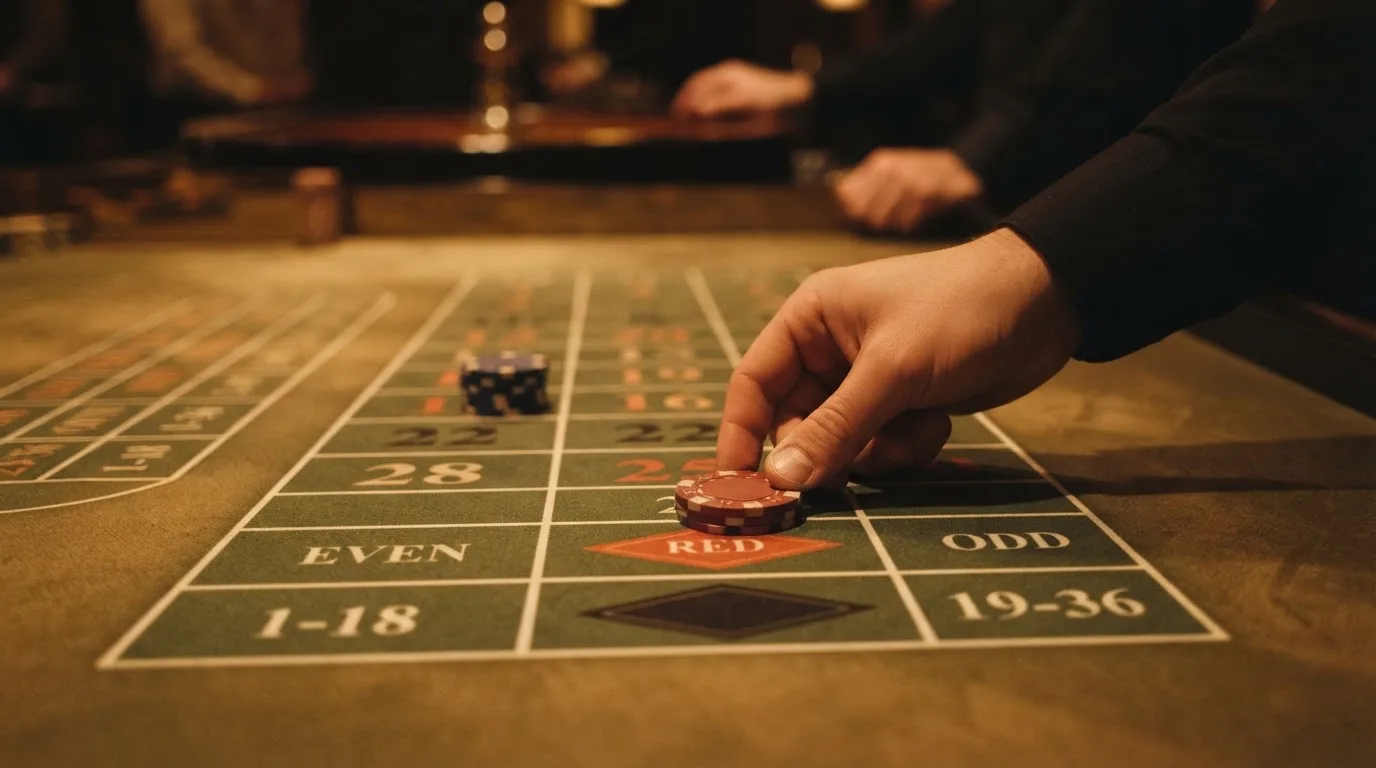 En hand lyfter en spelmark ur en skål, ljuslågan färgar bordet gyllenbrunt — live roulette i sverige