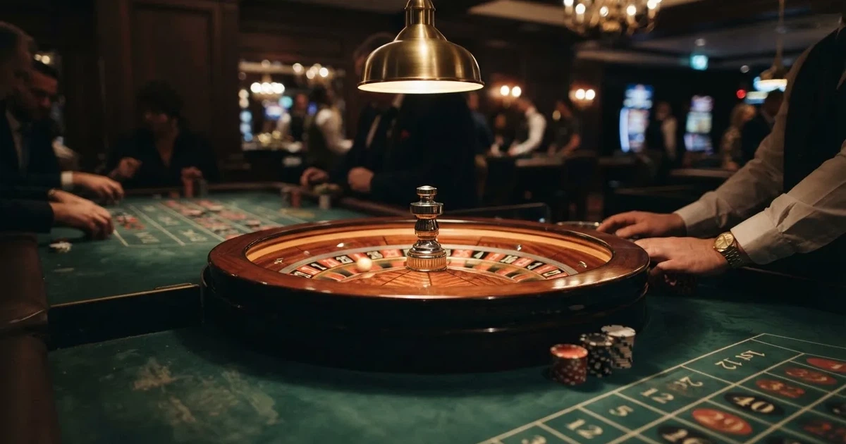 Croupierens händer blandar kort på grönt filt, taklampan speglas i den blanka kortbunten — live roulette i sverige