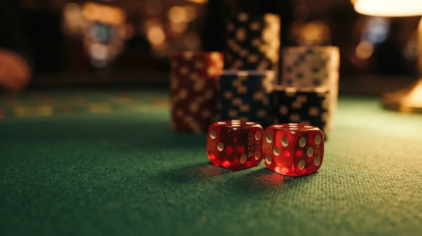 Röda tärningar vilar på grönt filt, bakom dem suddiga torn av spelmarker i kvällsdunklet — nytt casinon i sverige