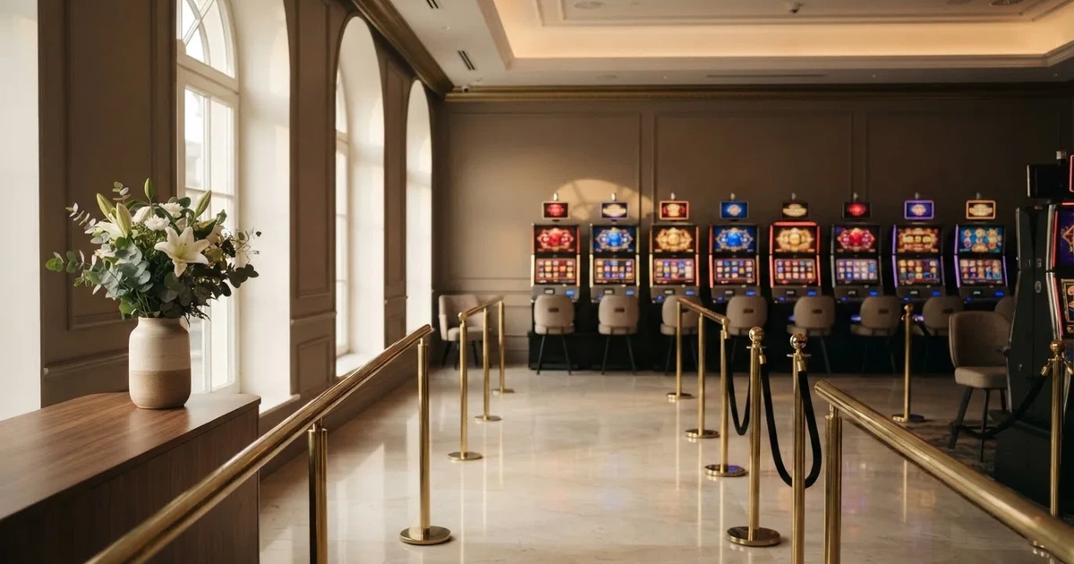 En nyöppnad spelsal med blankt marmorgolv, mässingsräcken och färska blommor i morgonljus — nytt casinon i sverige
