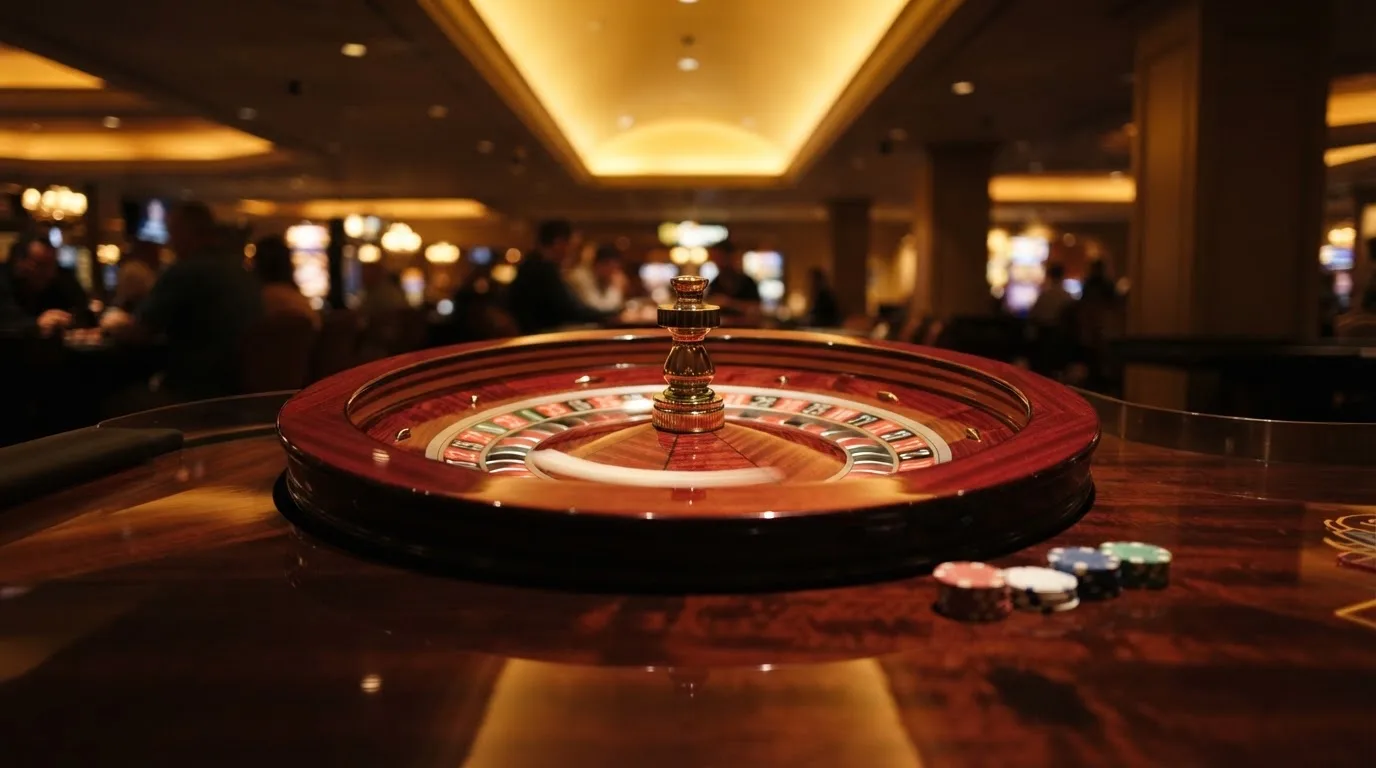 Ett roulettehjul snurrar på ett blankt träbord, den vita kulan glimmar i takljusets guld — online blackjack i sverige