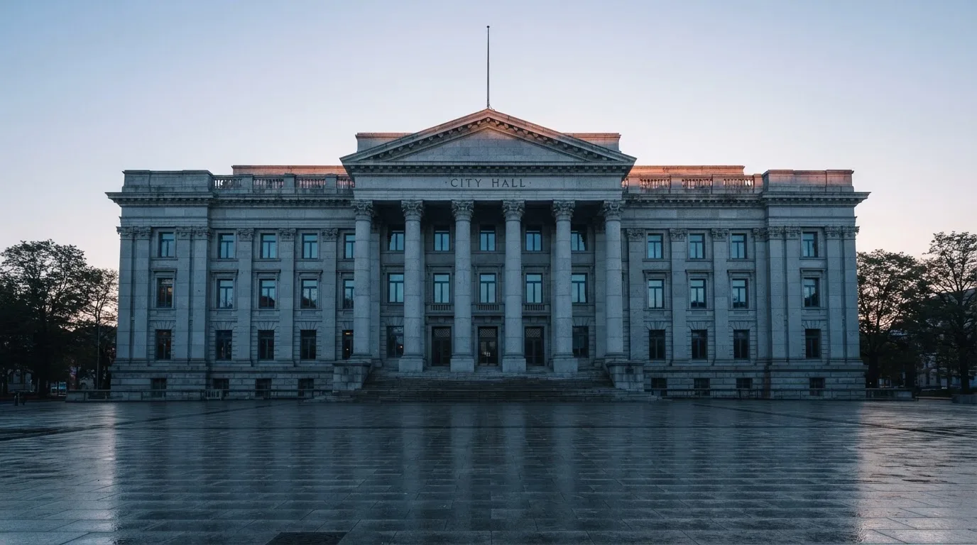 Stenfasad på en statlig byggnad i Stockholm vid gryning, höga pelare och ett tomt torg framför — online blackjack i sverige