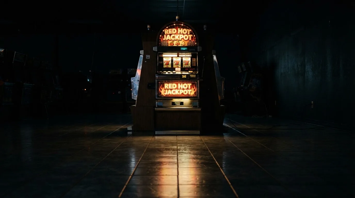 En gammal spelautomat lyser i den dunkla hallen och speglar sig i golvet — populära casinon i sverige