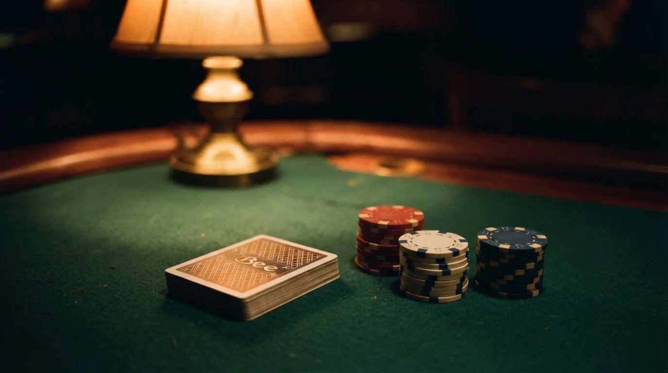 Kortlek och staplar av spelmarker på ett grönt filtbord i en dunkel salong, varmt lampsken — roulette gratis i sverige