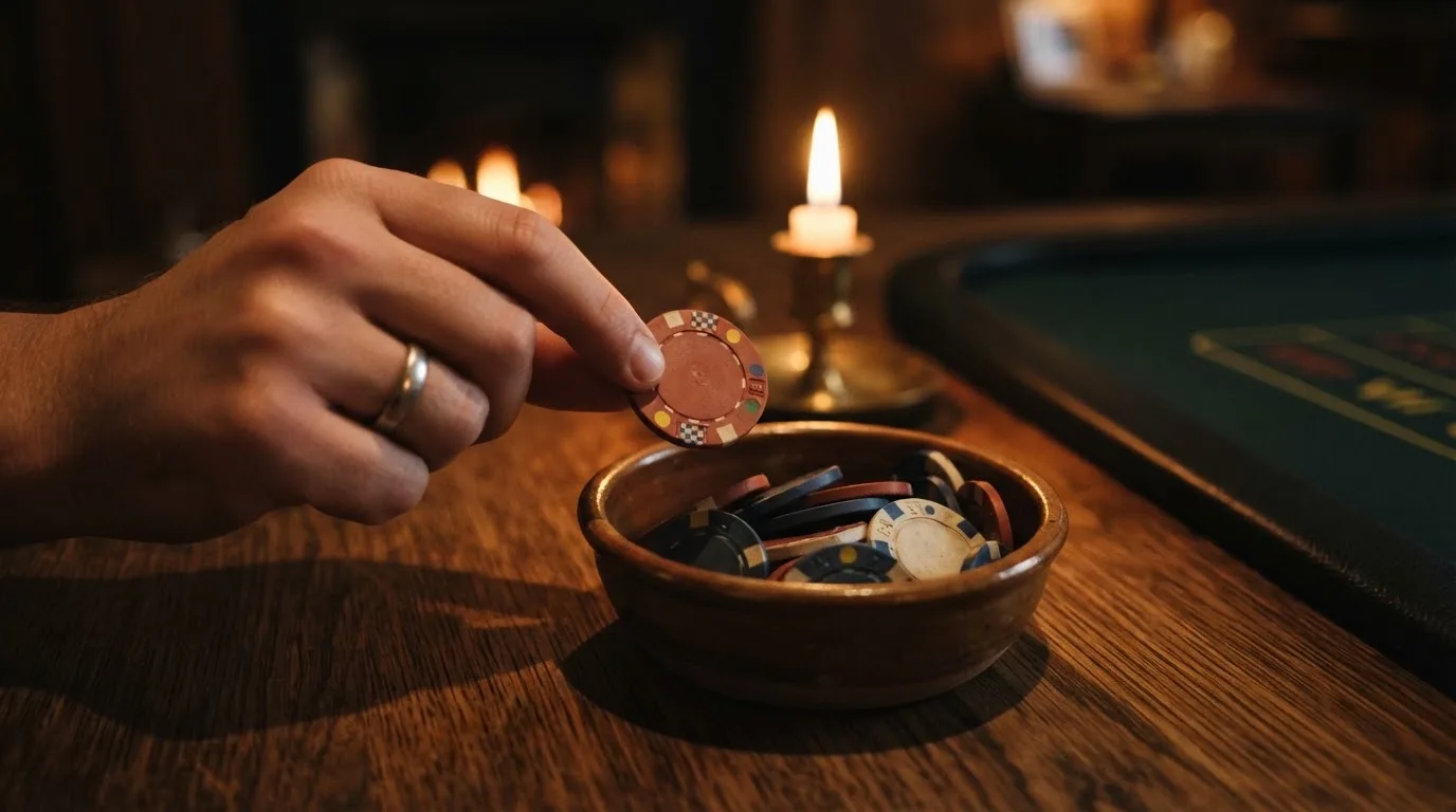 En hand lyfter en spelmark ur en skål, ljuslågan färgar bordet gyllenbrunt — roulette med bonus i sverige