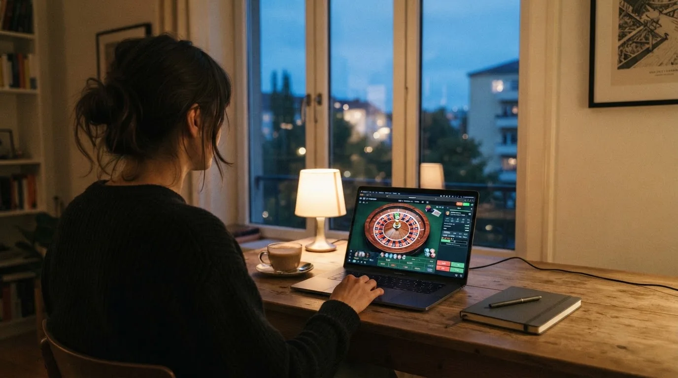En person sitter vid ett skrivbord hemma med en kopp kaffe och tittar ut genom fönstret medan kvällsljuset faller in mjukt.