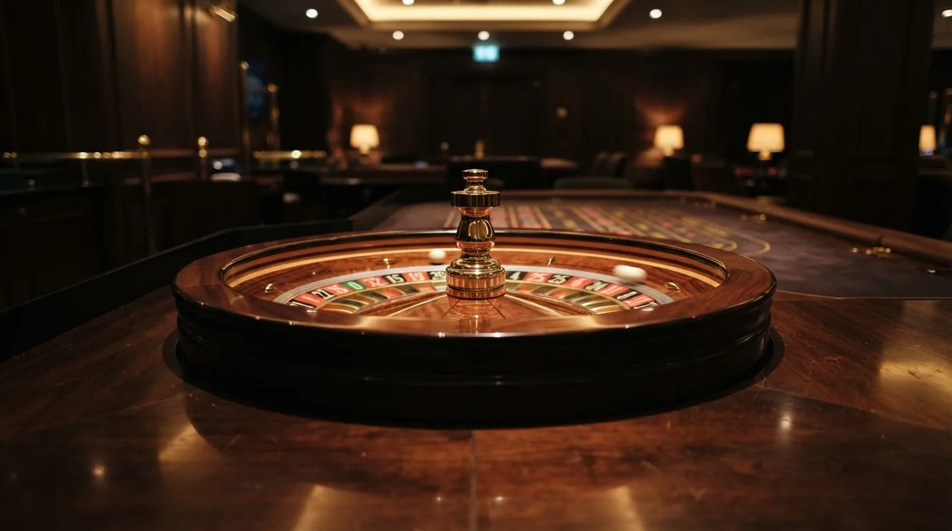 Ett roulettehjul snurrar på ett blankt träbord, den vita kulan glimmar i takljusets guld — roulette på nätet i sverige