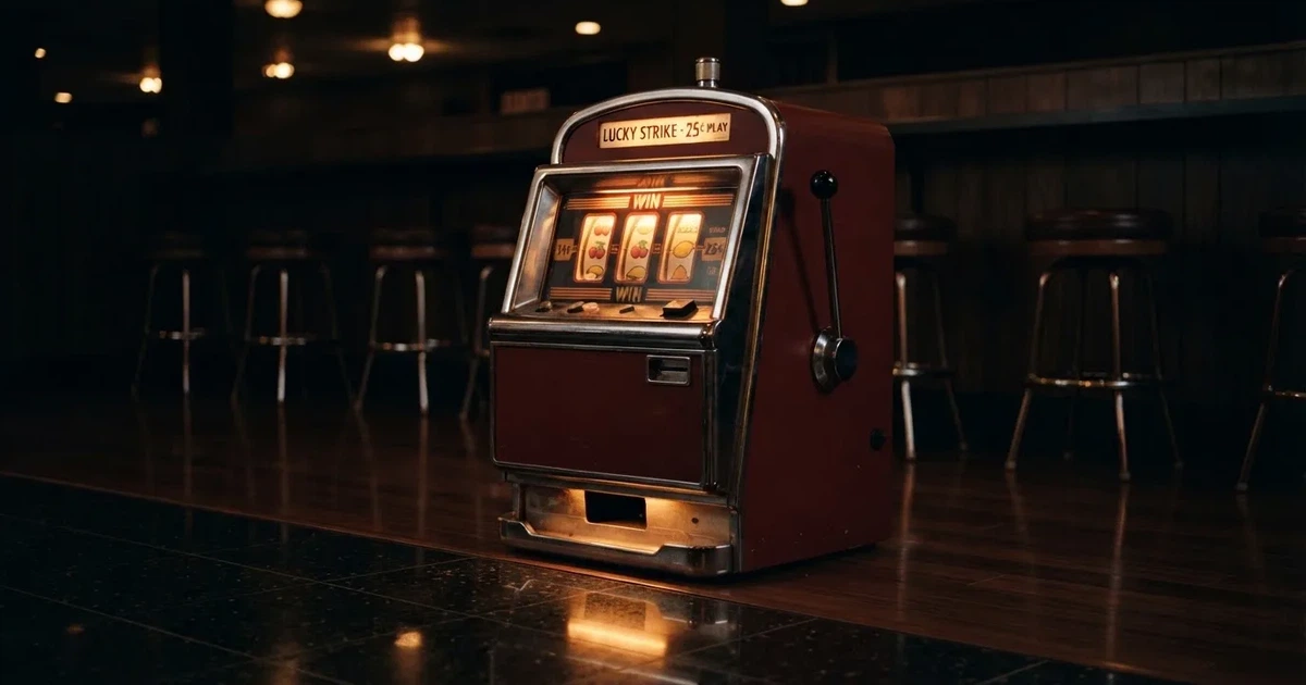 En gammal spelautomat lyser i den dunkla hallen och speglar sig i golvet — säkra casinon i sverige
