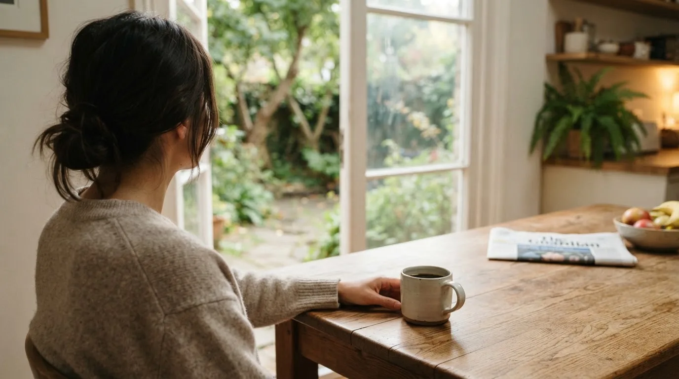 En person sitter vid köksbordet med en kopp kaffe och tittar ut genom fönstret i mjukt morgonljus.